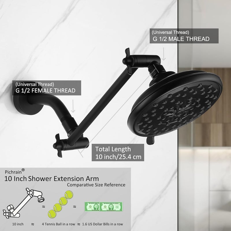 Pichrain Shower Extension Arm for Rain Showerheads, Angle & Height Adjustable, Universal Connector, Easy to Install - Matte Black, 10 Inch - Image 2